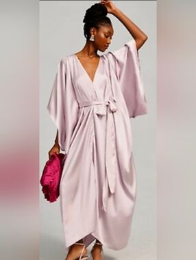 Anthropologie Satin Kaftan Tie Front Maxi Dress One Size Adjustabe Lilac NIP$200